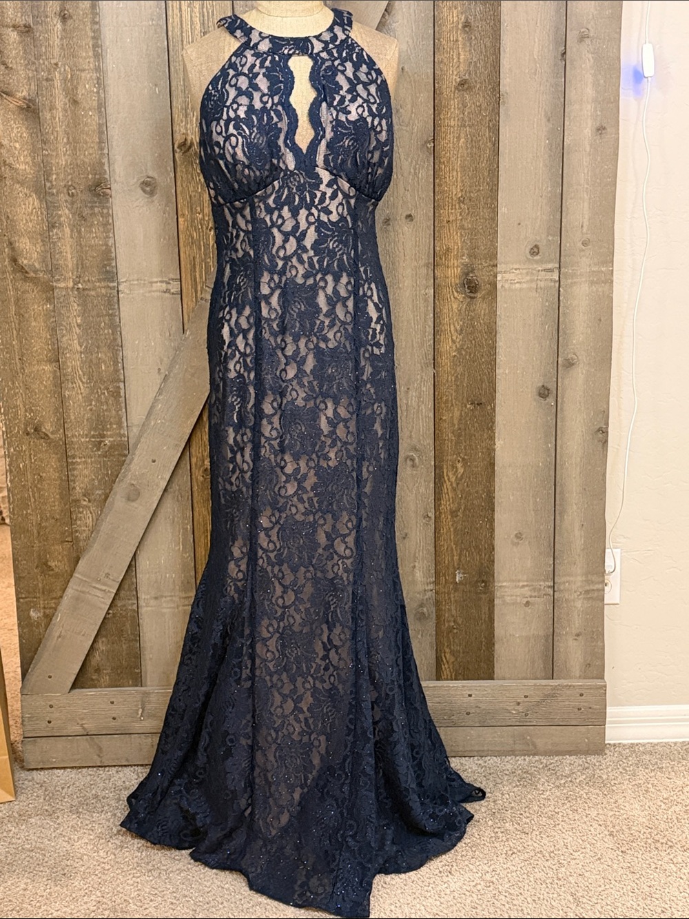 R&M Richards Navy Glitter Lace Mermaid Gown Formal Evening Dress Gala Holiday 12